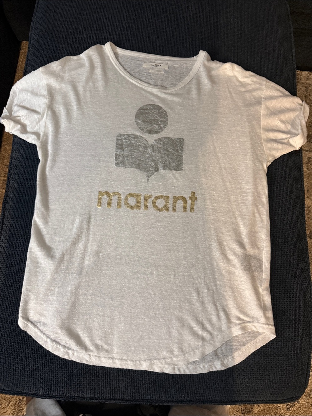 Isabel Marant Womens White Linen T with Gold Logo and Silver Graphic